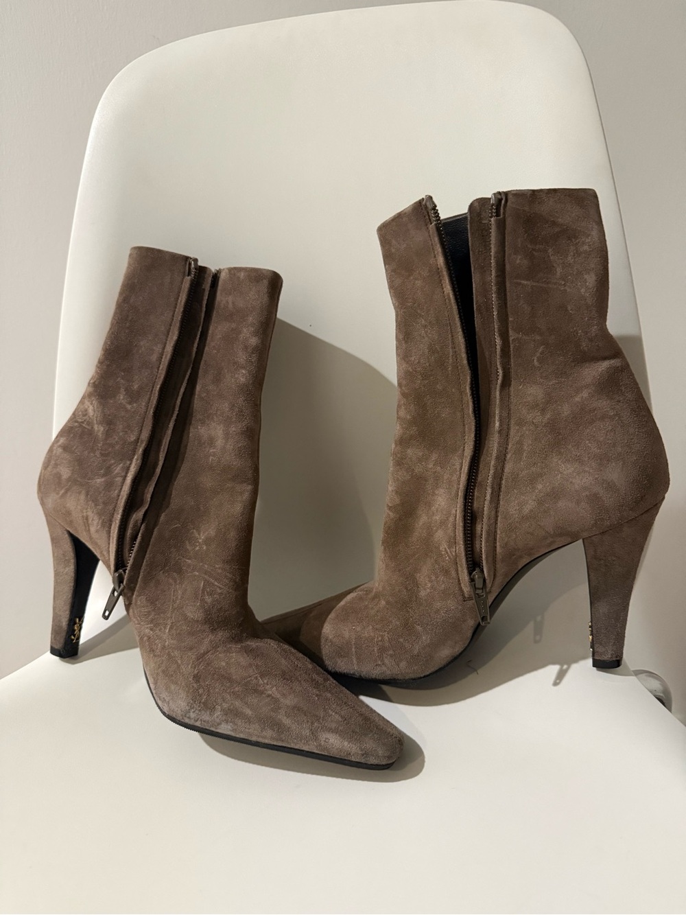 Saint Laurent Taupe Suede Pointed-Toe Mid-Heel Ankle Boots - Picture 2 of 2
